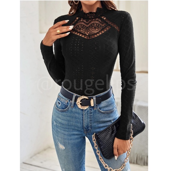 Black Lace Guipure Mock Neck Long Sleeve Tee Shirt - Picture 4 of 10